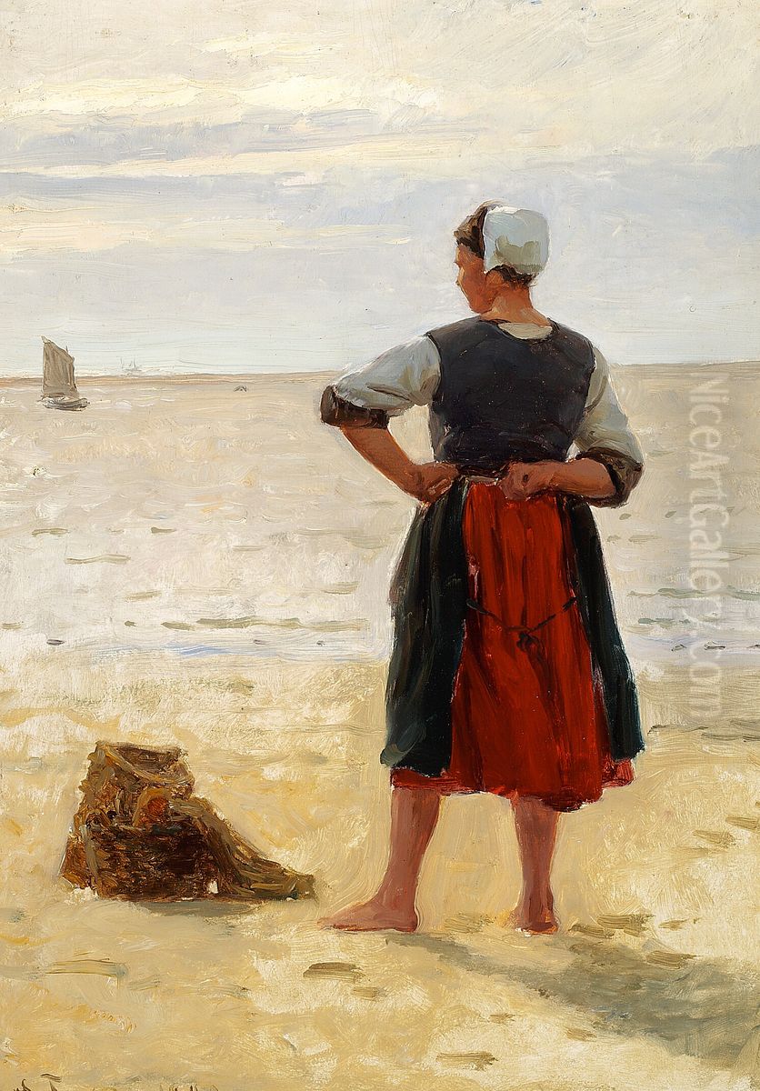 Beach scene from Bretagne. A young fisherwoman is looking at the sea. Oil Painting by Laurits Tuxen