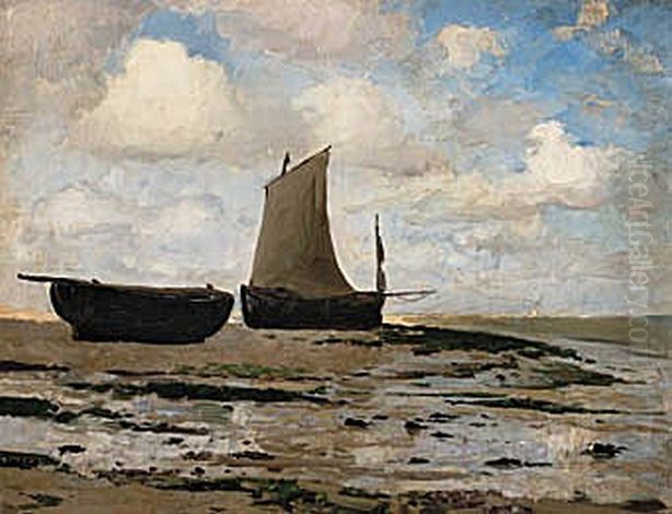 Boats on the beach at ebb tide, Cayeux. Oil Painting by Laurits Tuxen