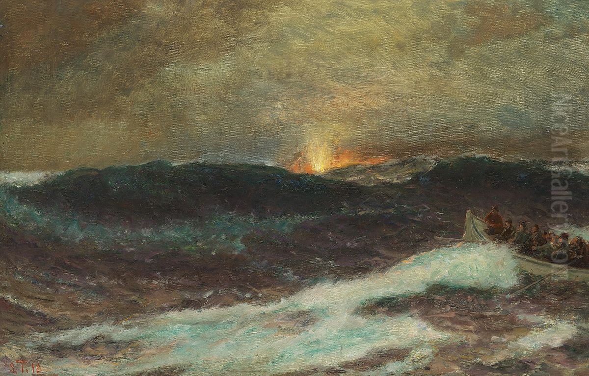 En torpedering i Atlanterhavet. Oil Painting by Laurits Tuxen