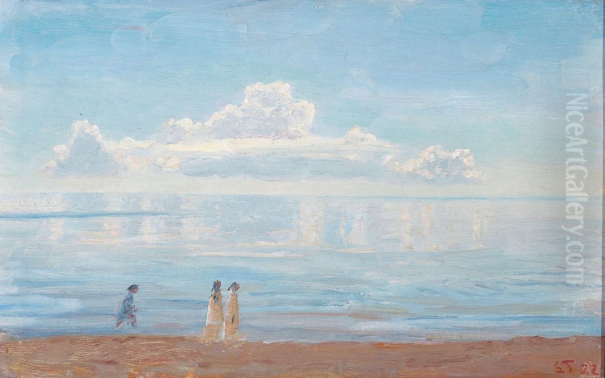 Children walking at the beach at Skagen, Denmark. Oil Painting by Laurits Tuxen