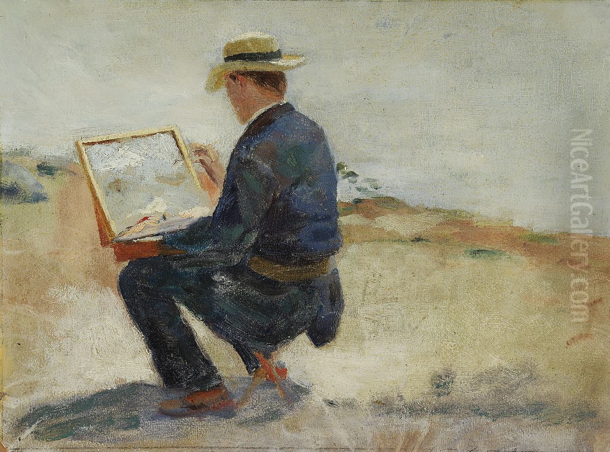 A painter with a straw hat, sitting with his box. Oil Painting by Laurits Tuxen