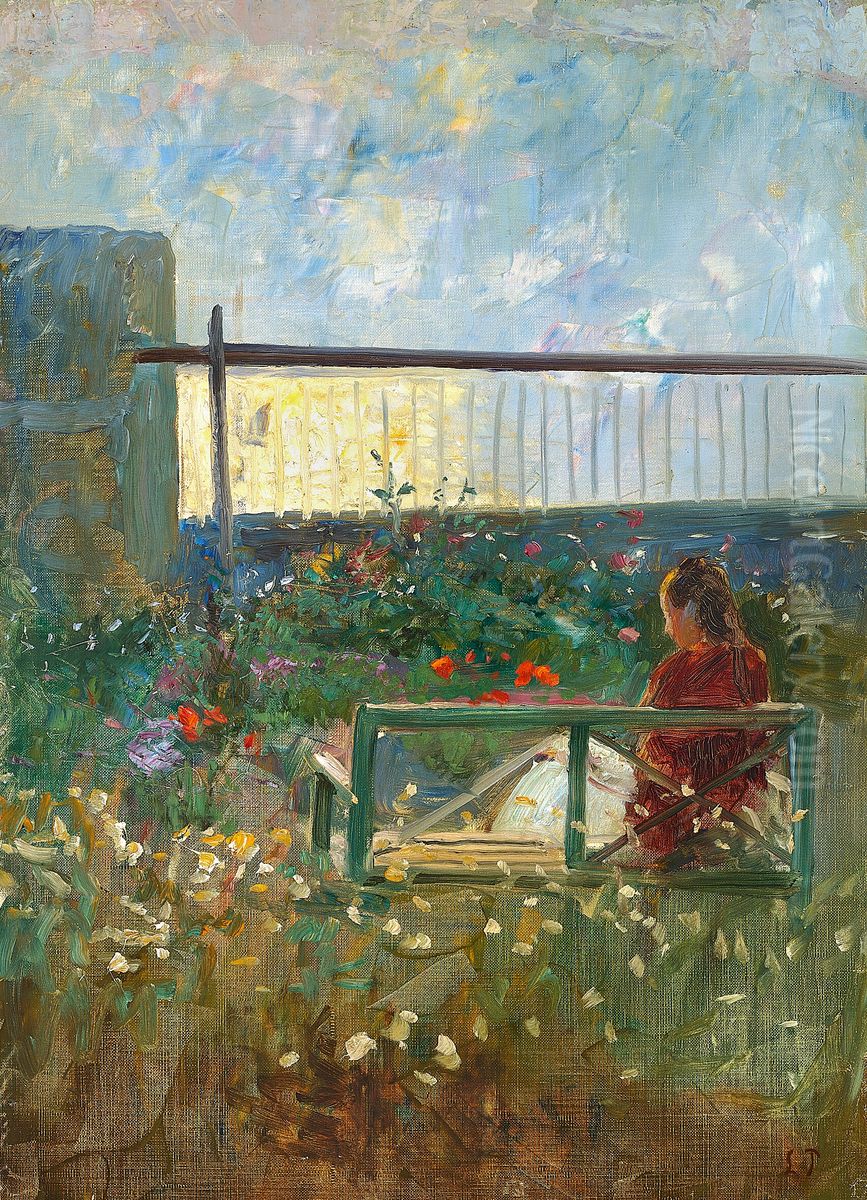 The artist's daughter Nina in the garden of his villa,Dagminnein Skagen. Oil Painting by Laurits Tuxen