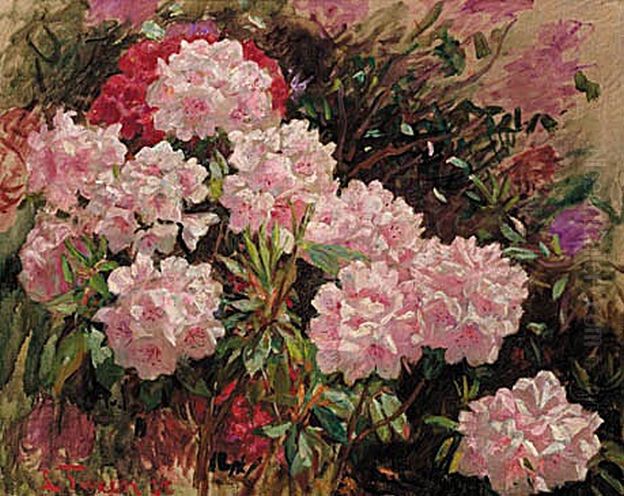 Lyserode rhododendron i Tuxens have i Skagen. Oil Painting by Laurits Tuxen