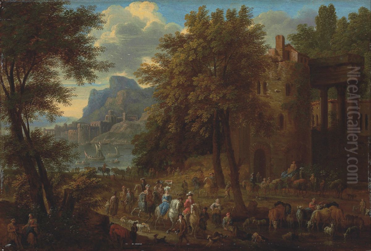 A wooded landscape with an elegant company passing through architectural ruins, with a castle and harbour beyond Oil Painting by Jan Baptist van der Meiren