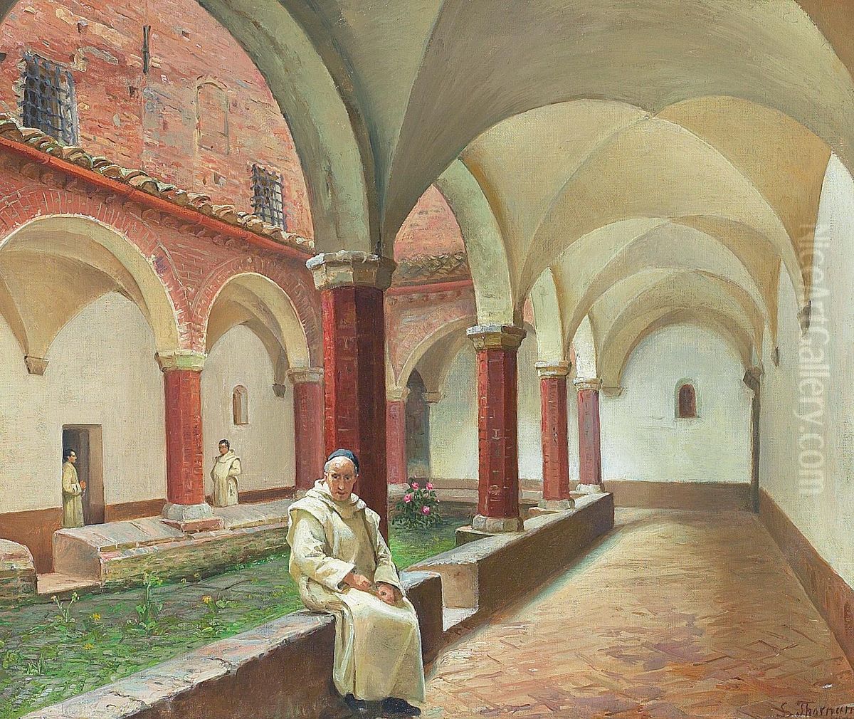 A monk sitting in a cloister in the sunligt. Oil Painting by Ludovica Thornam