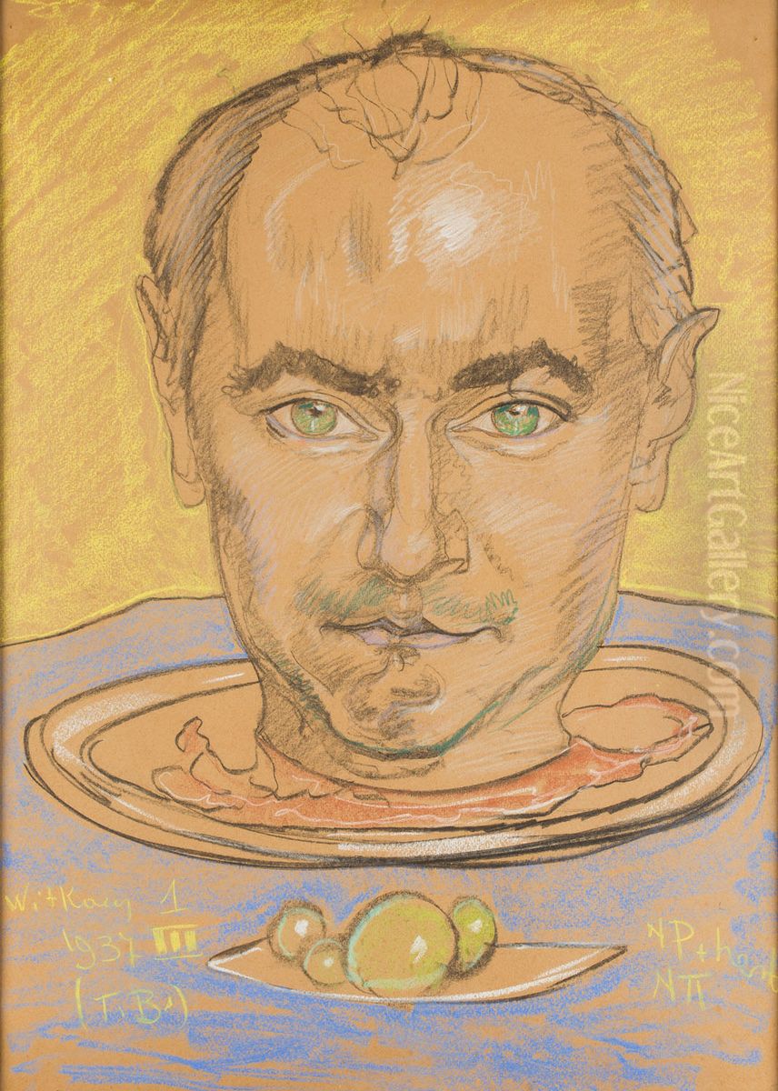 Portrait of Kazimierz Duch (head on a plate) Oil Painting by Stanislaw Ignacy Witkiewicz (Witkacy)
