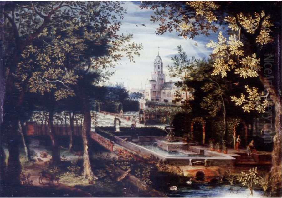 Wooded landscape with animals and huntsmen Oil Painting by Balthasar Lauwers