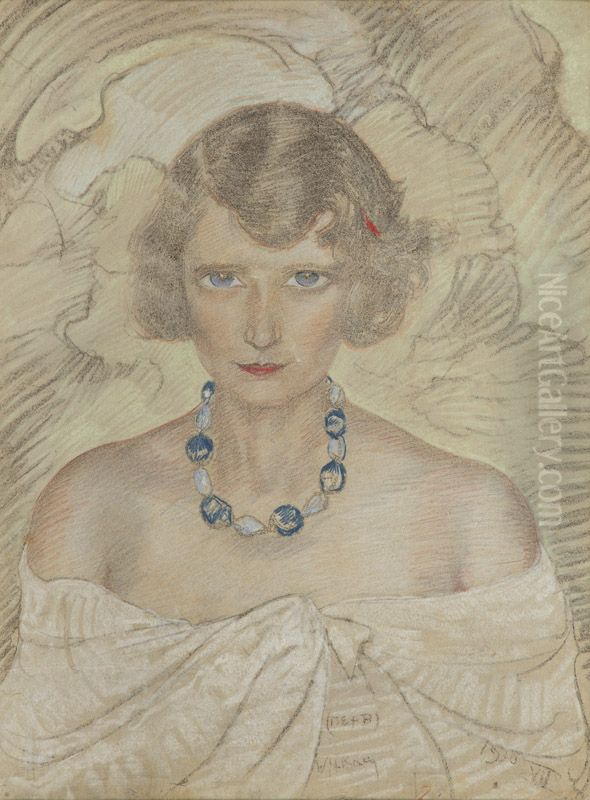Portrait of a woman with blue necklace Oil Painting by Stanislaw Ignacy Witkiewicz (Witkacy)
