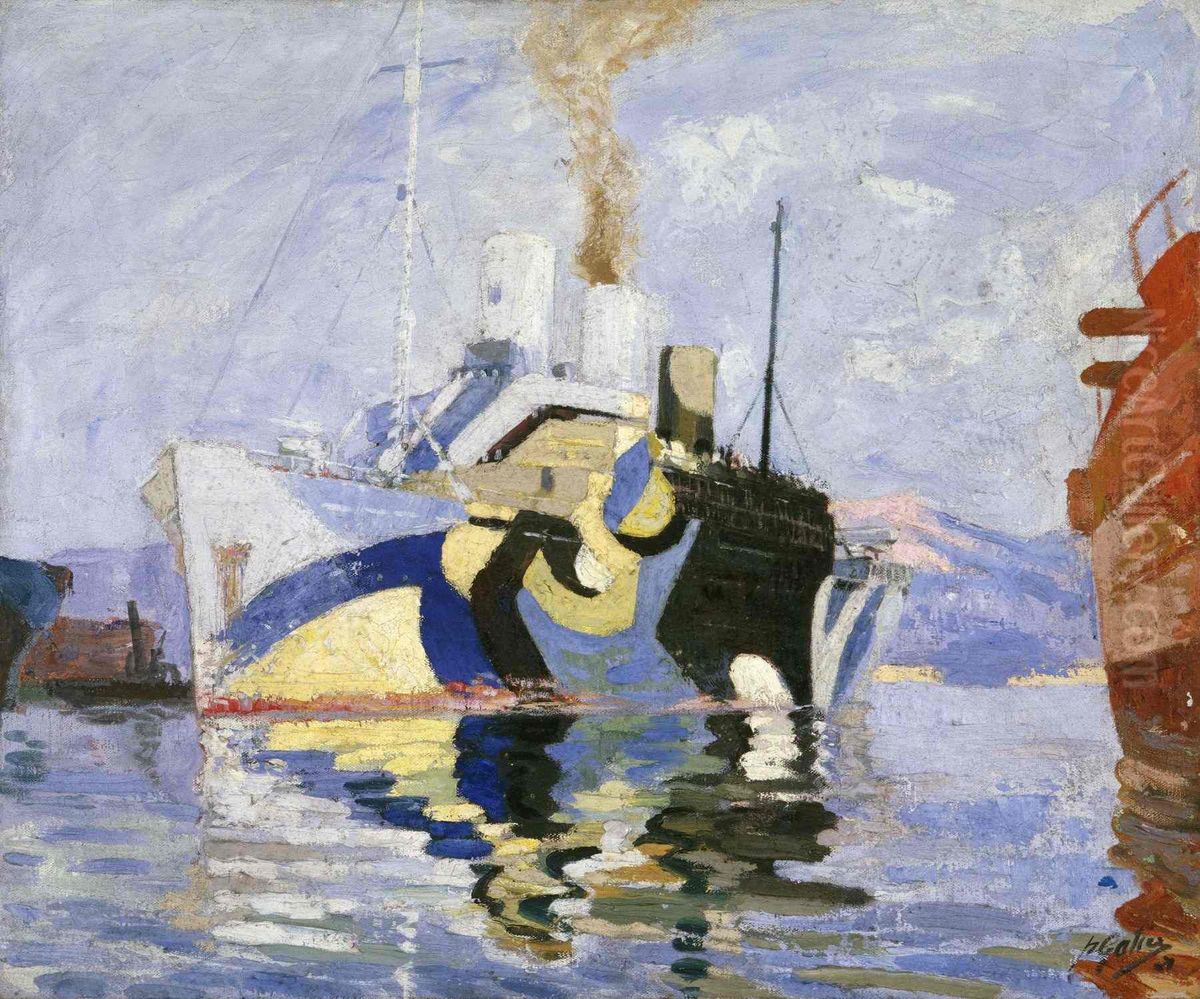 Bateau camoufle en rade de Toulon Oil Painting by Pierre Gatier