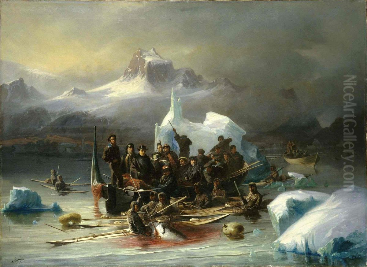 Le prince Napoleon assiste a la chasse au phoque au large de Godthaab en 1856 Oil Painting by Sebastien Charles Giraud
