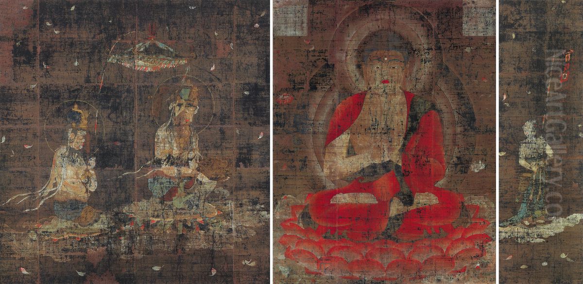 Amida Triad and Banner-holding Boy Oil Painting by unknown