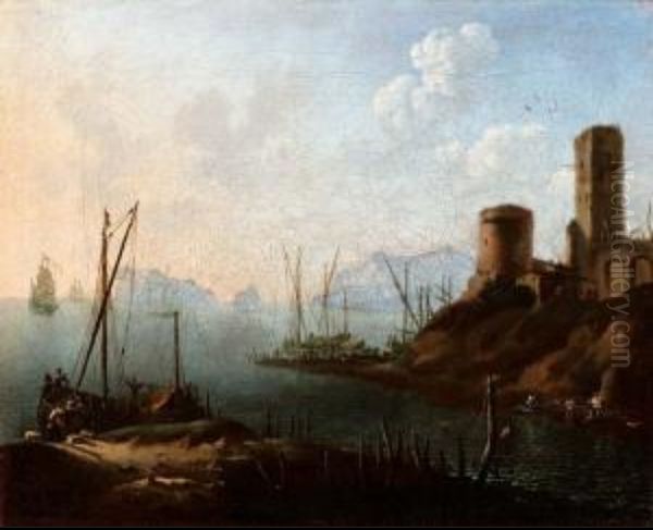 Seascape with boats at the landing and towers Oil Painting by Hans De Jode