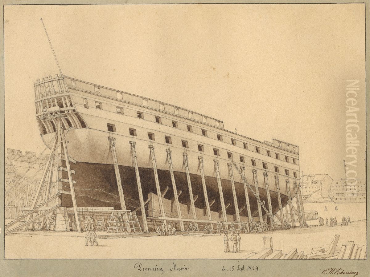 The ship of the line Dronning Maria on the stocks. Oil Painting by Christoffer Wilhelm Eckersberg