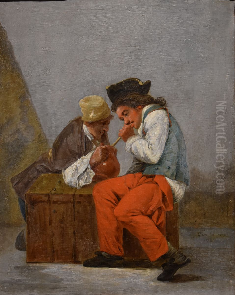 Two young soldiers drinking from a jug Oil Painting by Jacques Gamelin
