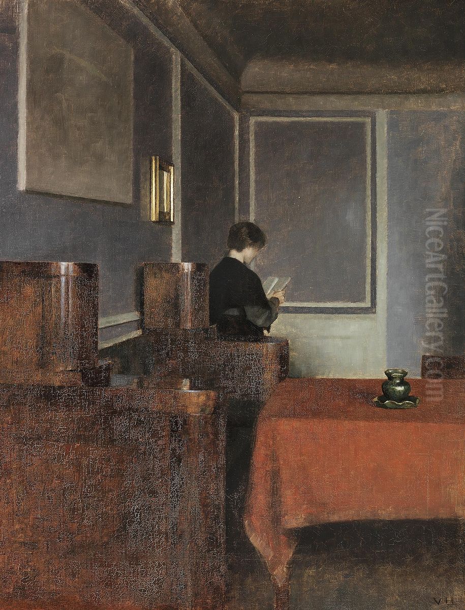 Stue. En stor Empire-Sofa fylder hele den venstre Halvdel af Billedet. Oil Painting by Vilhelm Hammershoi