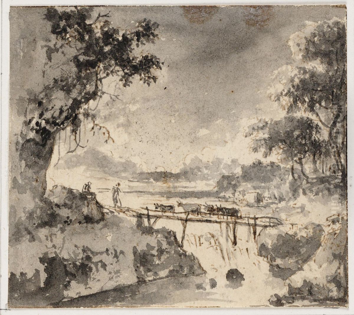 Cattle on a wooden bridge over a waterfall Oil Painting by Hans De Jode