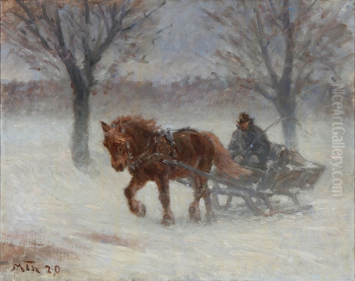 Sleigh ride through the snow. Oil Painting by Hans Michael Therkildsen