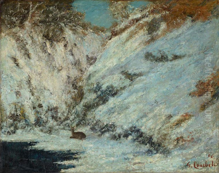 Paysage de neige dans le Jura, avec chevreuil Oil Painting by Gustave Courbet