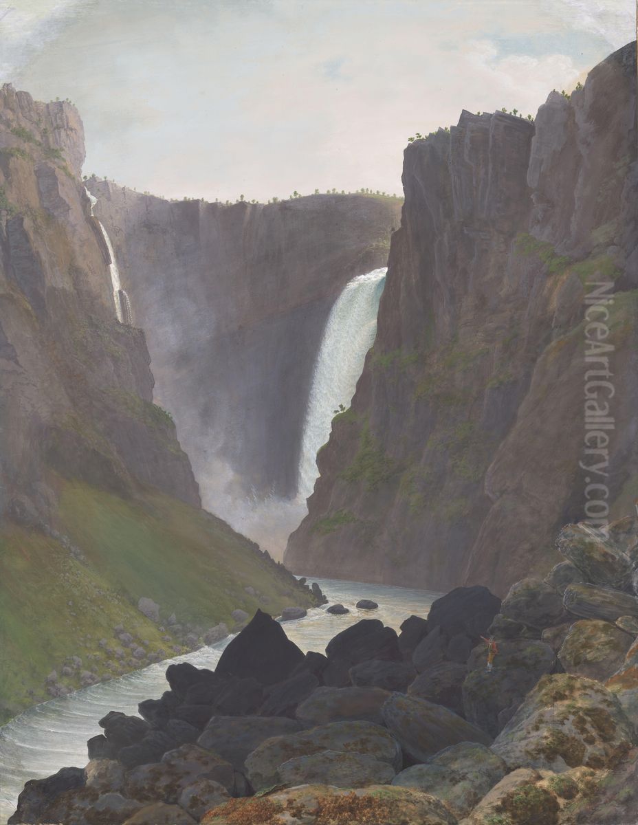 The Waterfall Voringsfossen Oil Painting by Johannes Flintoe