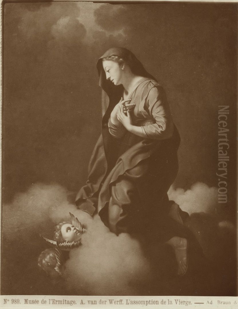 Maria kneeling on a cloud, with two cherubs below Oil Painting by Adriaen Van Der Werff