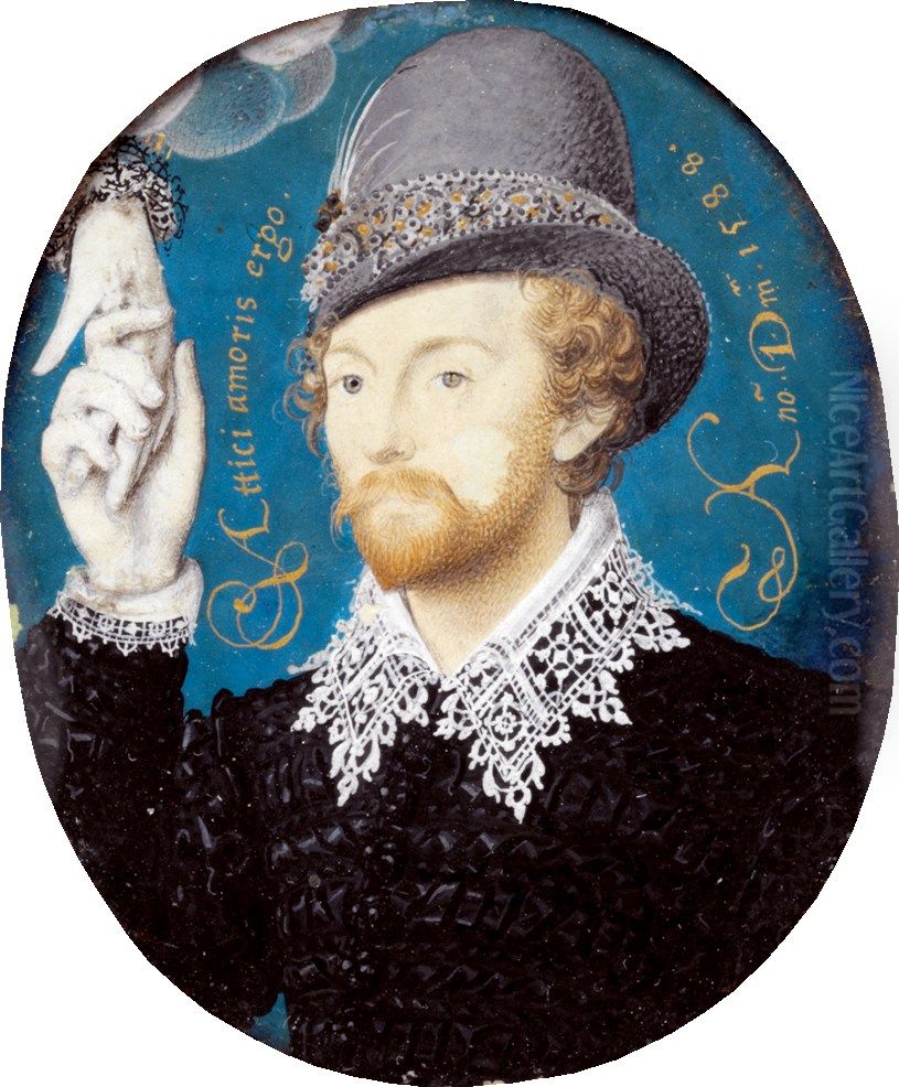 Unknown Man Clasping a Hand from a Cloud Oil Painting by Nicholas Hilliard