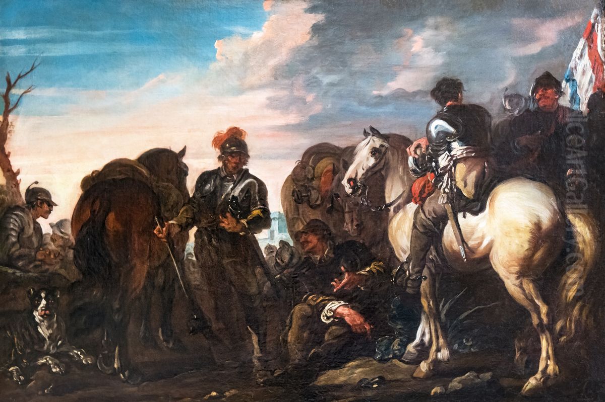 Charles Parrocel - Halte de soldats Oil Painting by Charles Parrocel
