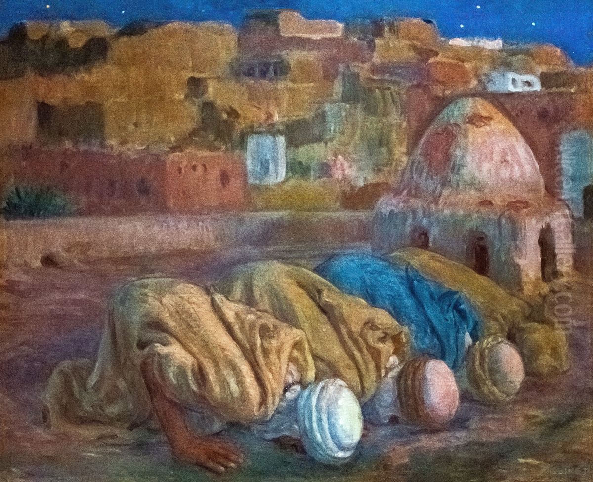 Prayer on a terrace in Bou-Saada Oil Painting by Nasreddine Dinet
