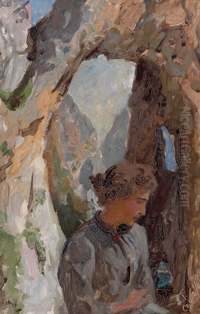 Kunstnerens hustru Ursule pa Capri Oil Painting by Laurits Tuxen