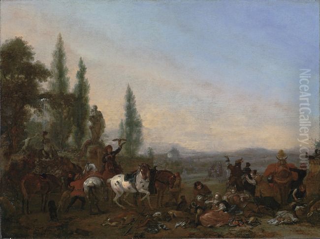 Hawking party resting by a fountain Oil Painting by Philips Wouwerman