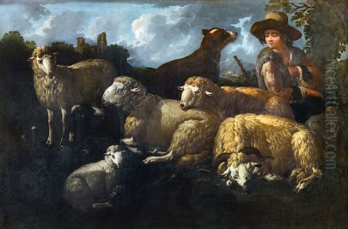 Shepherd and sheeps Oil Painting by Philipp Peter Roos