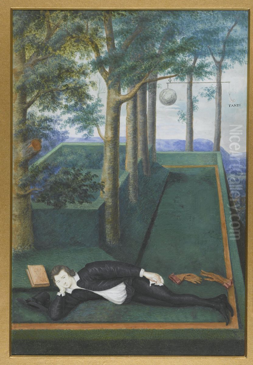 Portret van een liggende edelman in een begroeide hof Oil Painting by Nicholas Hilliard