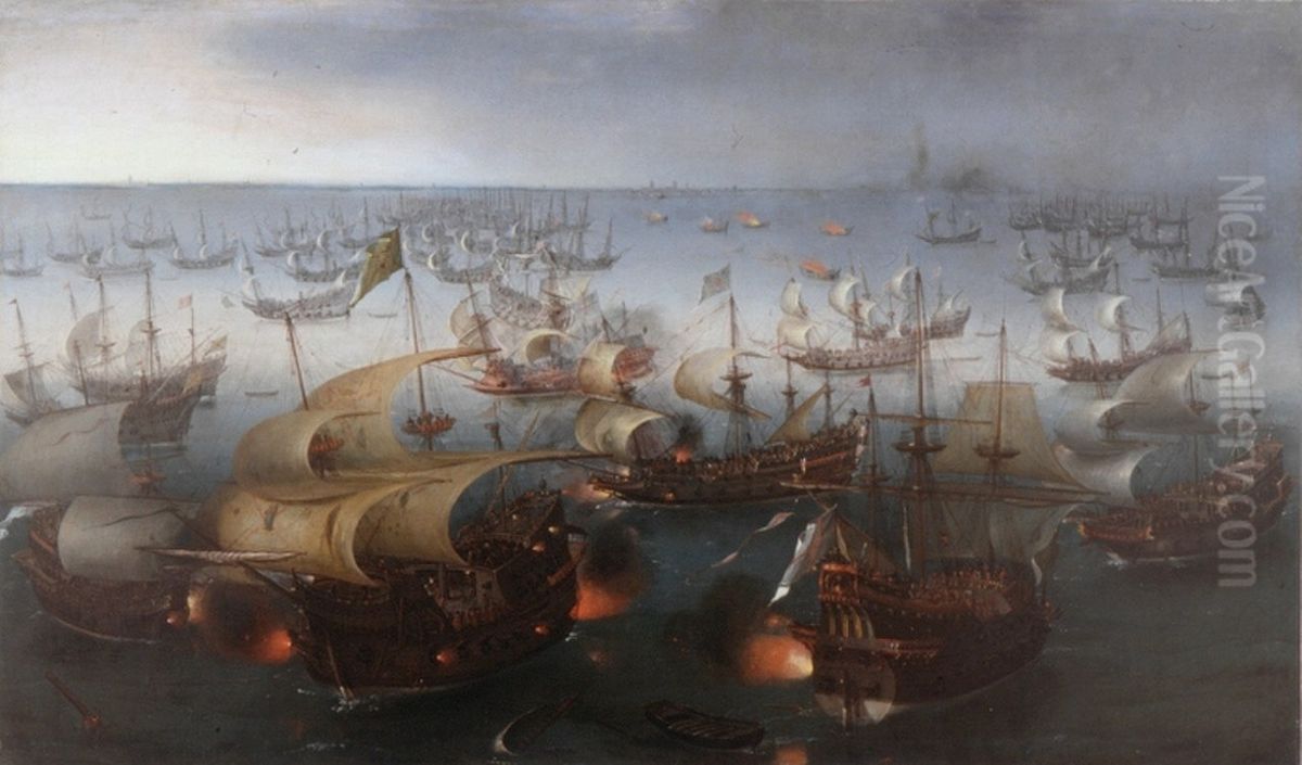 Day seven of the battle with the Armada, 7 August 1588. Oil Painting by Hendrick Cornelisz Vroom