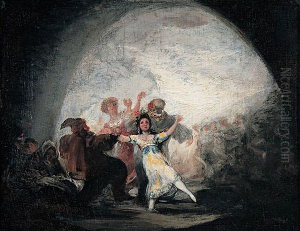 es:Baile de mascarasoes:Danzantes enmascarados bajo un arco Oil Painting by Francisco Goya Fuendetodos