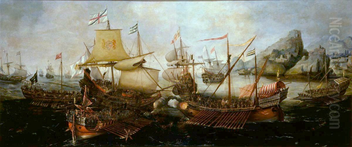 Attack on Spanish Treasure Galleys, Portugal Oil Painting by Hendrick Cornelisz Vroom