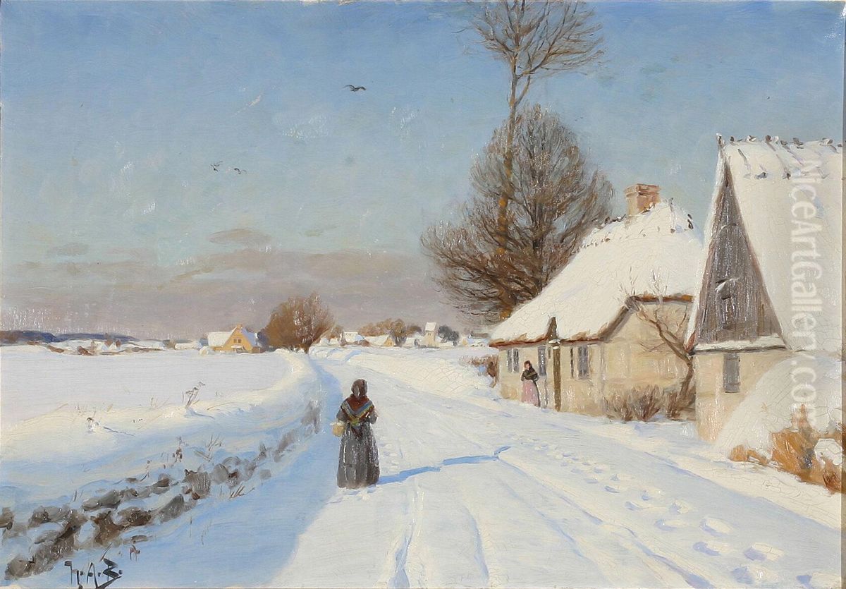 Vinterdag i udkanten af en landsby med personer ved strataekte huse. Oil Painting by H. A. Brendekilde