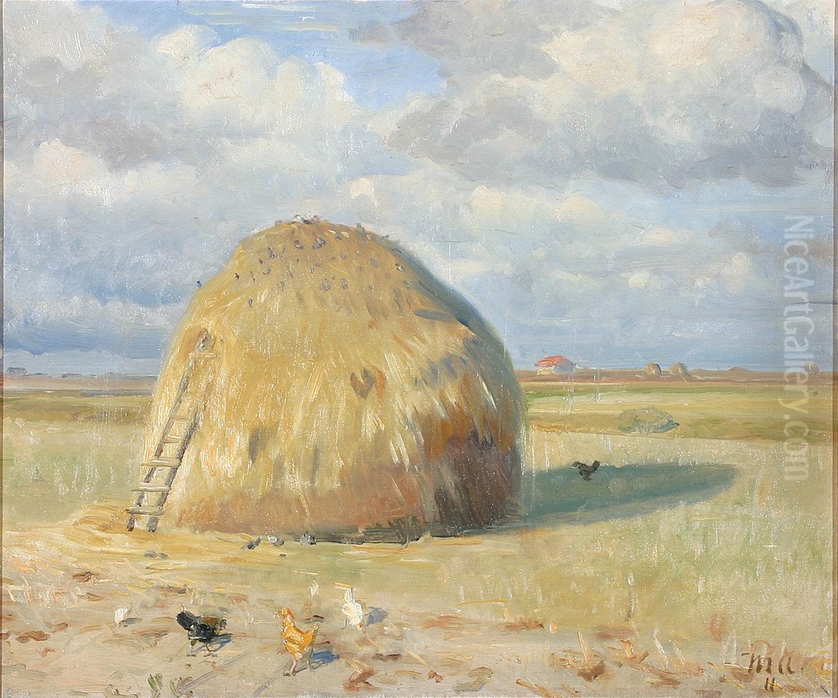 A summer day in Skagen with hens near a haystack. Oil Painting by Michael Peter Ancher