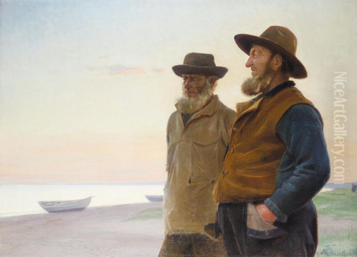 Ole Svendsen og Wolle (Ole Christoffersen) skuer ud over havet en aftenstund. Oil Painting by Michael Peter Ancher