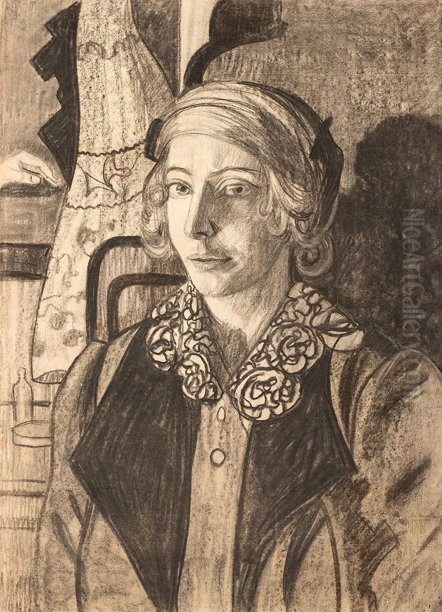 Eugenia Dunin-Borkowska with a curtain Oil Painting by Stanislaw Ignacy Witkiewicz (Witkacy)