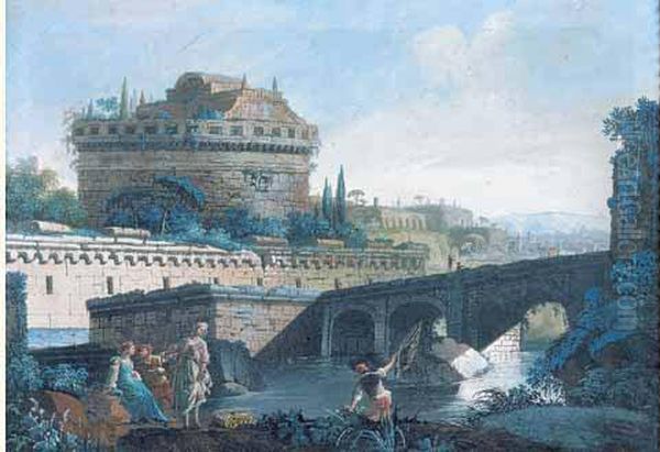 Pont Sur Le Tibre Pres Du Chteau Saint-ange Oil Painting by Francesco Caccianiga