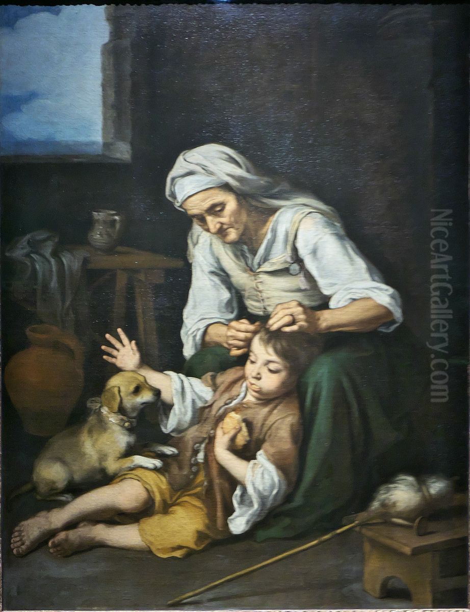 Vieja despiojando a un nino Oil Painting by Bartolome Esteban Murillo
