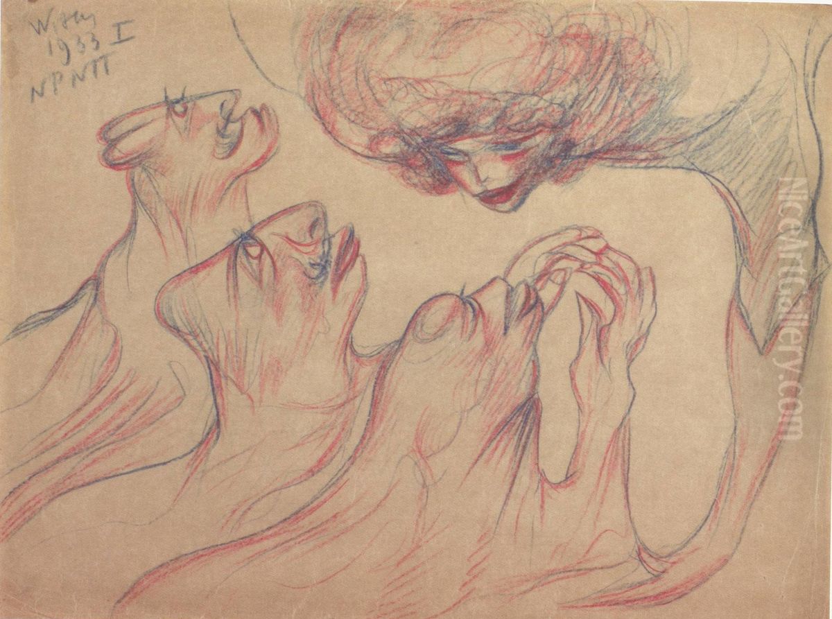 Woman with three admirers Oil Painting by Stanislaw Ignacy Witkiewicz (Witkacy)