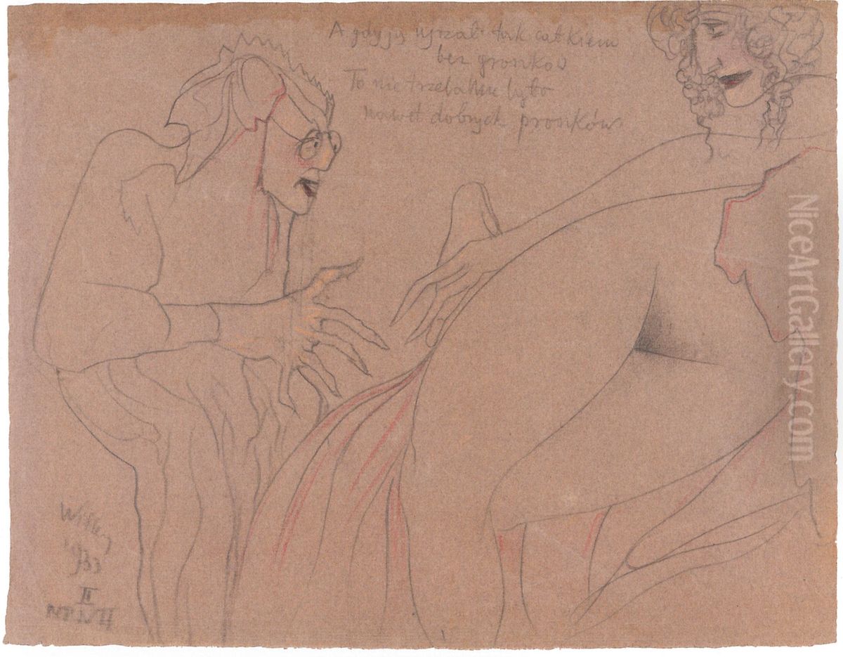 A gdy ja ujrzal tak calkiem bez groszkow to nie trzeba mu bylo nawet dobrych proszkow Oil Painting by Stanislaw Ignacy Witkiewicz (Witkacy)