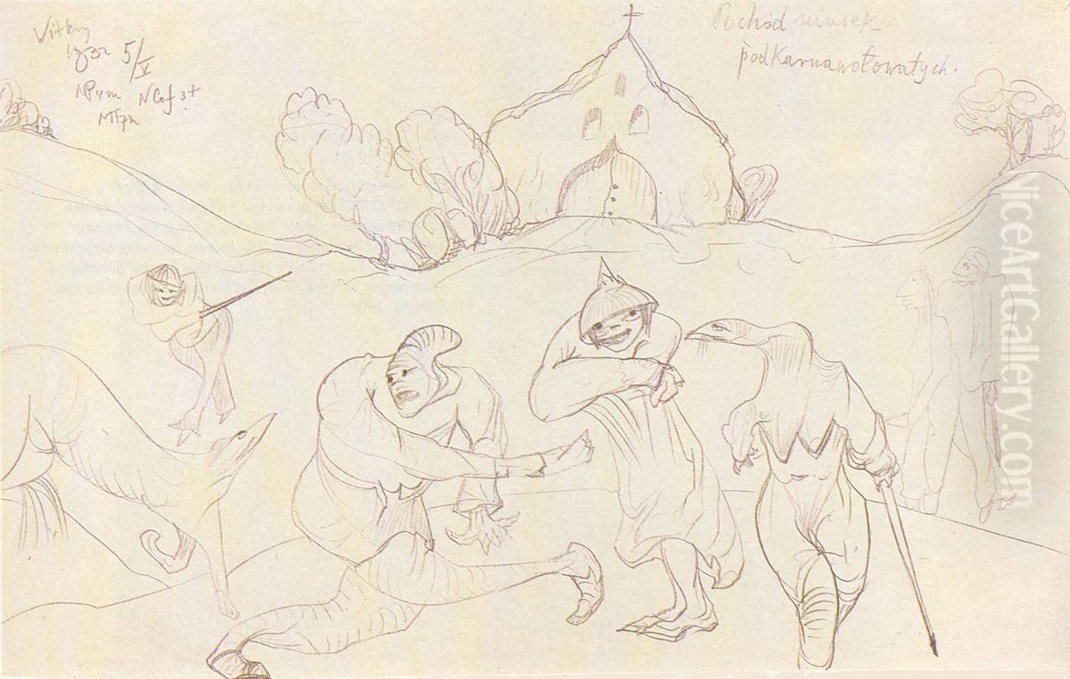 Pochod masek Oil Painting by Stanislaw Ignacy Witkiewicz (Witkacy)