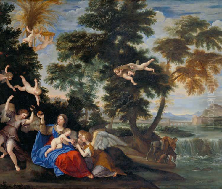 The Virgin visited by angels on the flight into Egypt Oil Painting by Francesco Albani