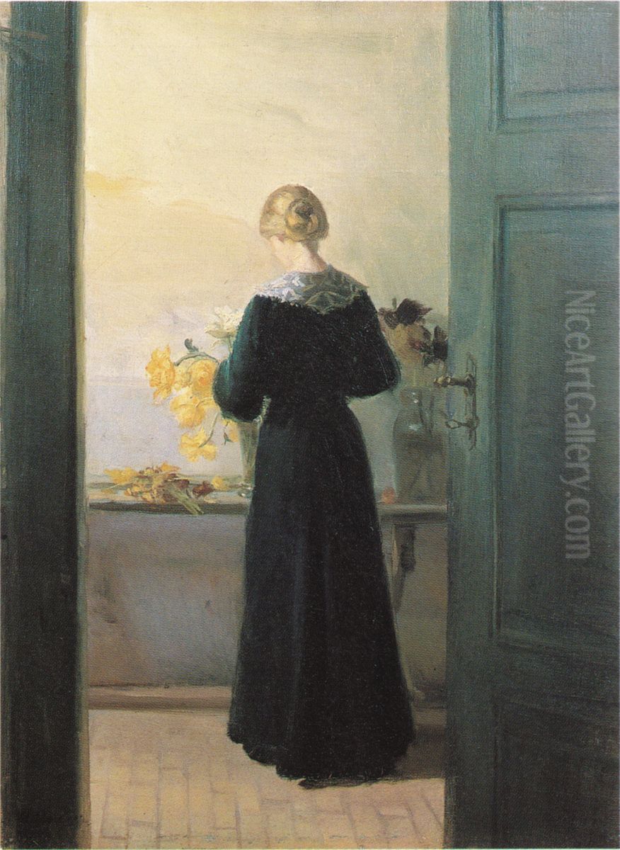 A young woman arranging flowers. Oil Painting by Anna Ancher
