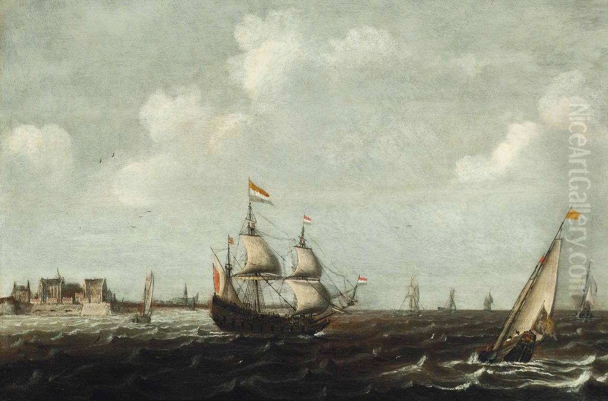 A dutch threemaster and other shipping in choppy waters, a view of fort Rammekens off the coast of Vlissingen in the background Oil Painting by unknown