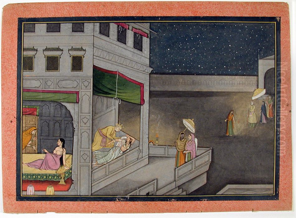 King Dasaratha Approaches the Sulking Kaikeyi's Chamber Oil Painting by Nainsukh