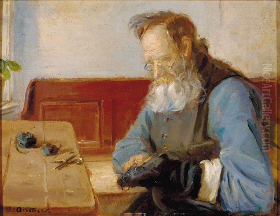 A man mending his stockings. Oil Painting by Anna Ancher