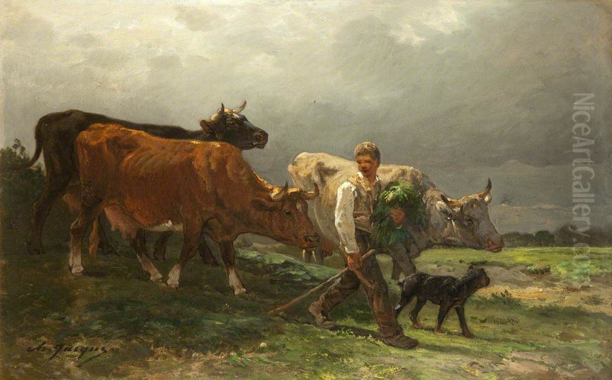 Breton Lad with Cattle Oil Painting by Charles Jacque