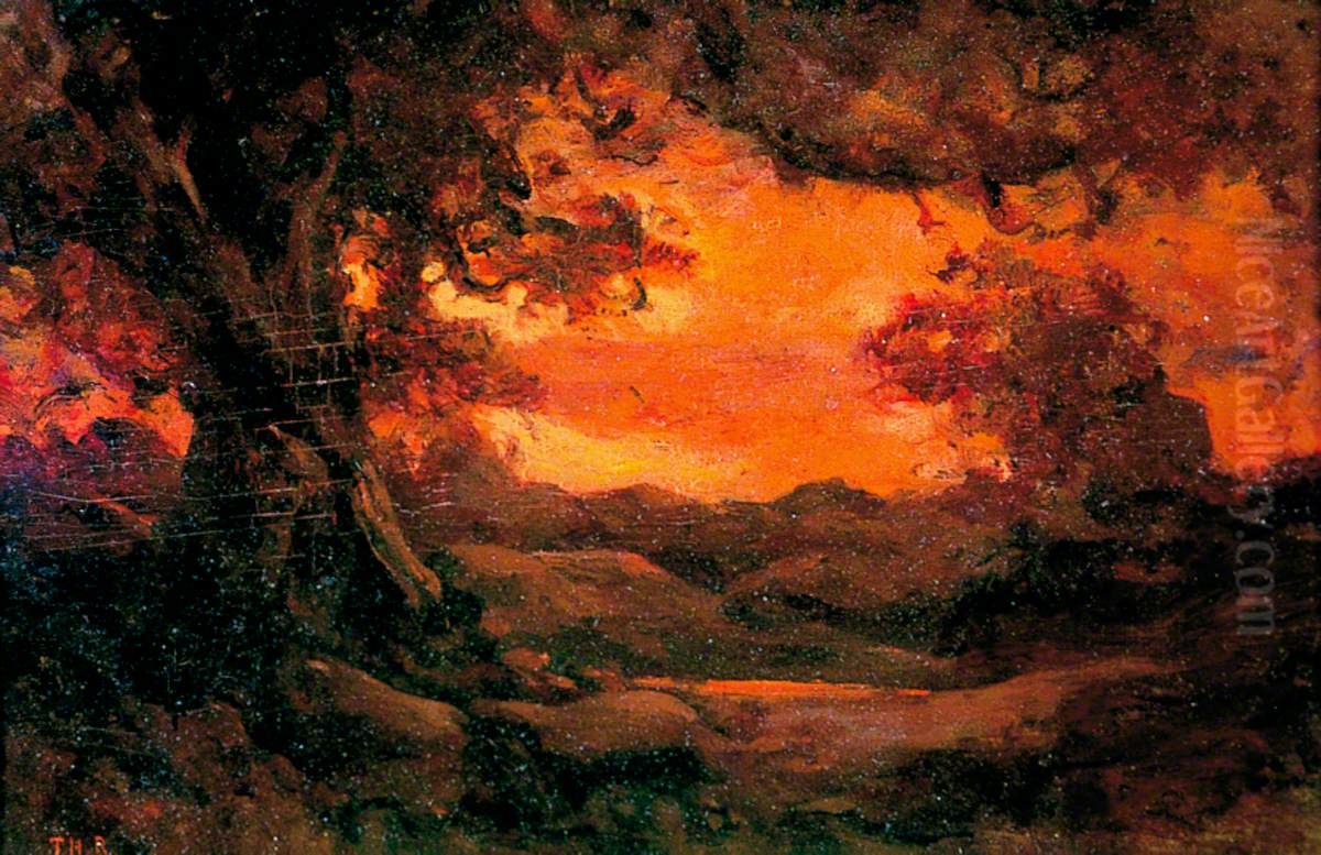 Landscape with Red Sunset Oil Painting by Theodore Rousseau